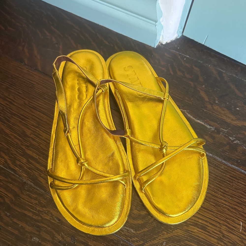 STAUD Yellow Metallic Strappy Flat Sandals